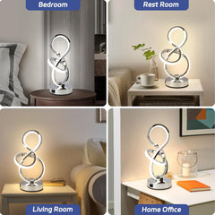 Modern table lamp displayed in various settings including bedroom, rest room, living room, and home office.