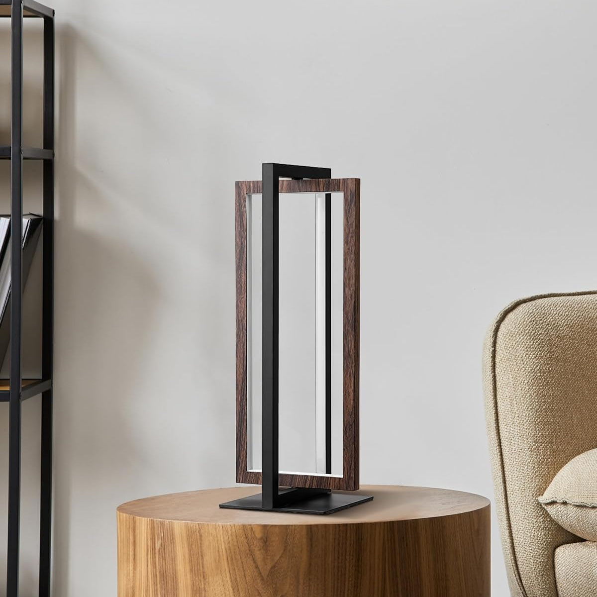 Modern table lamp on a wooden side table with a neutral background