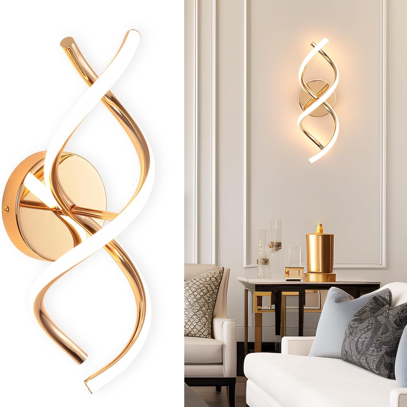 Modern wall sconce with gold and white design in a living room setting.