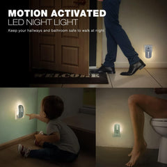 Motion activated LED night light with usage scenarios in a home setting.