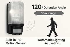 Motion sensor light with detection angle and range information on a white background