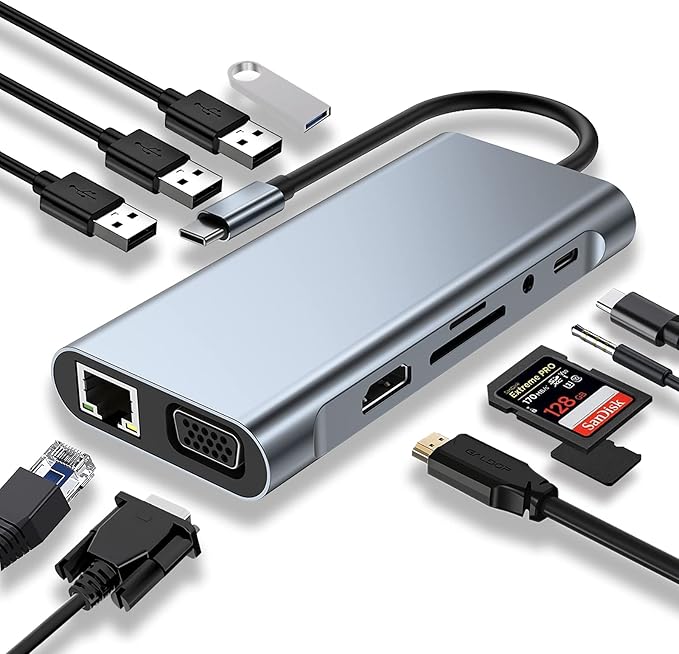 Multifunctional USB hub with various cables and connectors on a white background