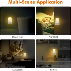 Multifunctional night light used in various settings including a shower room, living room, and kitchen.