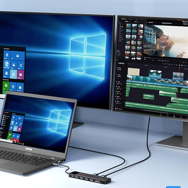 Multiple computer monitors and a laptop displaying Windows interface with HDMI connectivity.