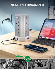 Neatly organized desk with power strip, tablet, and phone, before and after comparison.