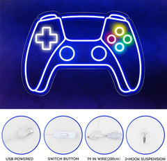 Neon light shaped like a gaming controller on a blue background