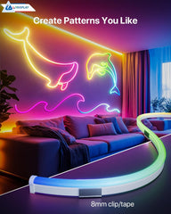 Neon light strip with dolphins on a wall above a sofa, featuring the brand 'LINSDISPLAY'.