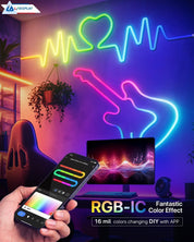 Neon lights shaped like a heart, guitar, and heartbeat line in a room with a person holding a smartphone.
