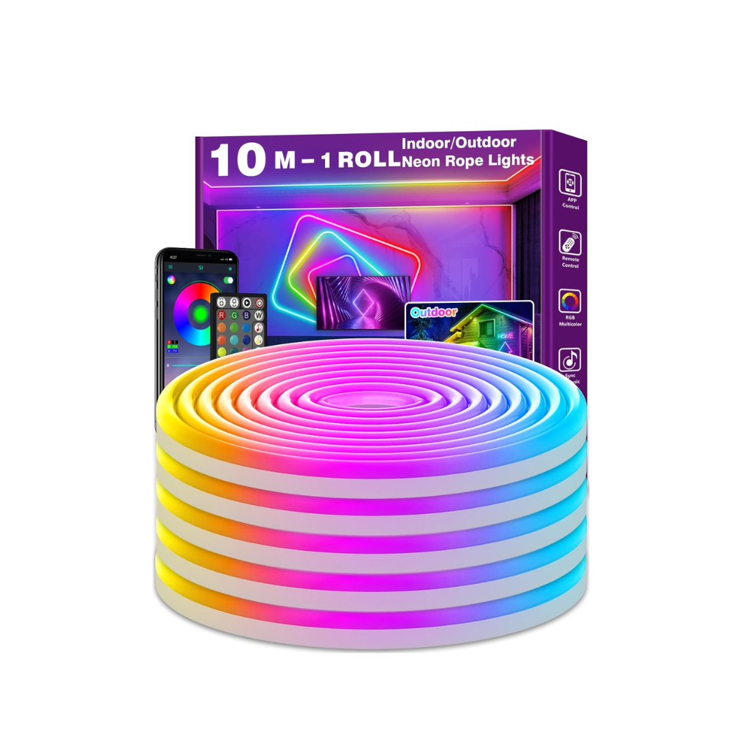 Neon rope lights with packaging and smartphone app on a white background