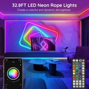 Neon rope lights with smartphone app and remote control in a living room setting.