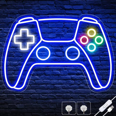 Neon sign of a game controller on a brick wall background