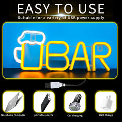 Neon sign with 'BAR' and USB cable illustration, suitable for various USB power supplies.