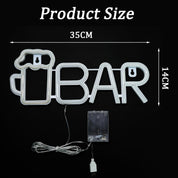 Neon sign with 'BAR' and beer mug design, showing dimensions on a black background.