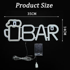 Neon sign with 'BAR' and beer mug design, showing dimensions on a black background.