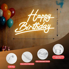 Neon sign with 'Happy Birthday' text, balloons, and product features on a brown background