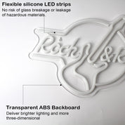 Neon sign with 'Rocky & Moby' design on a white background, featuring flexible silicone LED strips and transparent ABS backboard.