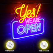 Neon sign with 'Yes! We Are Open' text, USB powered and switch options shown.