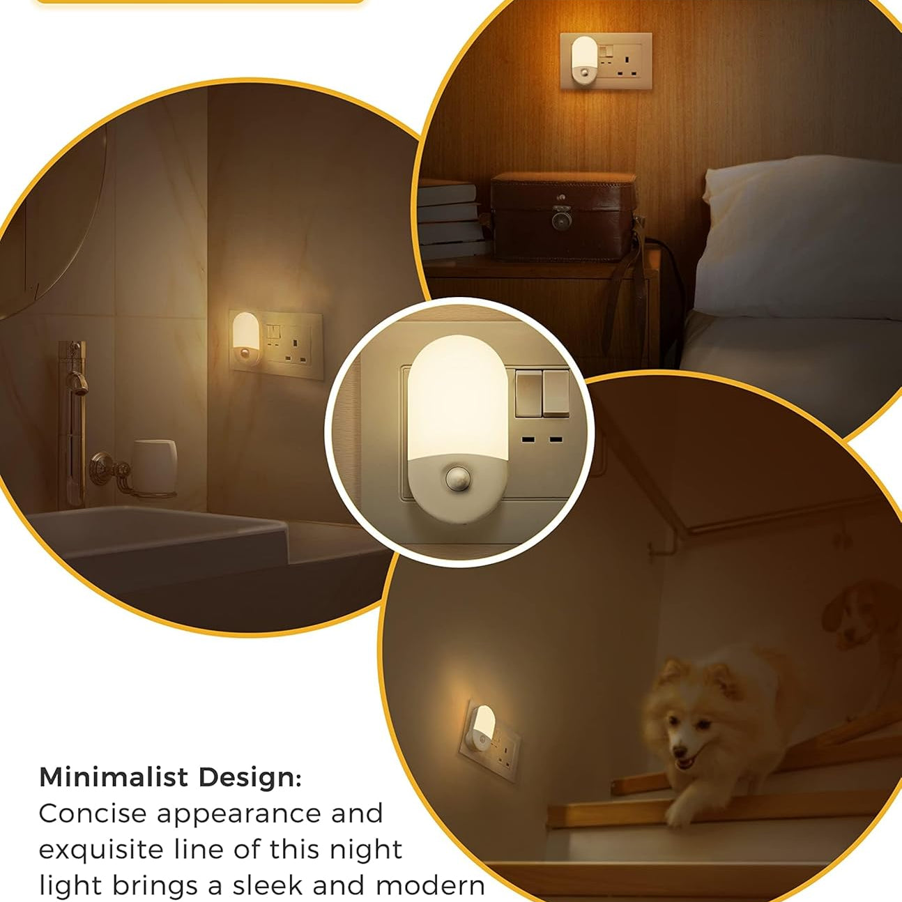 Night light in various settings with text about its design and application.