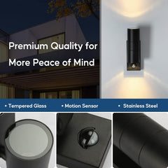 Outdoor wall light fixture with features listed on a dark background