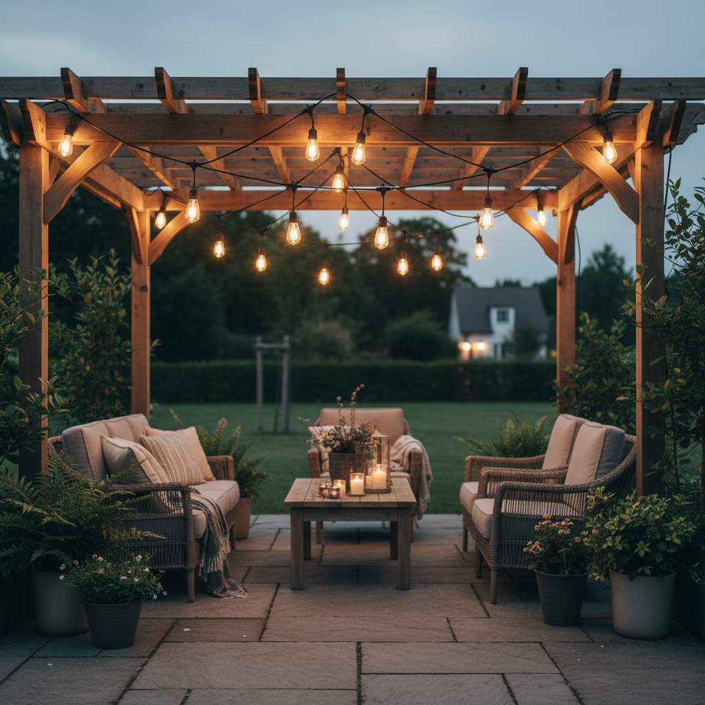 Outdoor festive lights decorating garden at night