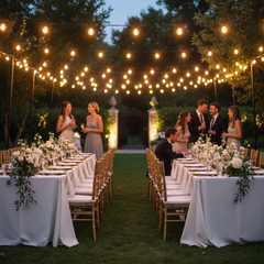 Outdoor evening event with string lights, tables set for dinner, and people mingling.