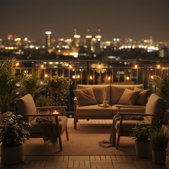 Outdoor evening setting with a couch, chairs, and plants on a balcony with city lights in the background.
