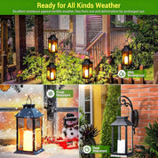 Outdoor lanterns with weather resistance features in various settings.