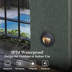 Outdoor light fixture on a wall with rainproof, snowproof, sunproof, and rustproof features highlighted.