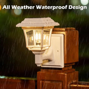 Outdoor light fixture with 'All Weather Waterproof Design' text in a rain scene.