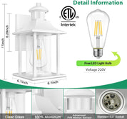 Outdoor light fixture with dimensions, LED bulb, and certification logos on a white background