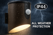 Outdoor light fixture with raindrops and 'IP44 All Weather Protection' text on a dark background