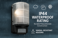 Outdoor light fixture with waterproof rating features on a dark background
