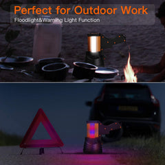 Outdoor light with floodlight and warning function used for camping and emergency situations.