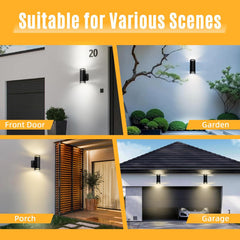 Outdoor lighting fixtures shown in various settings including front door, garden, porch, and garage.