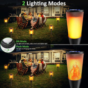 Outdoor lighting modes with people sitting around a table in a garden setting.