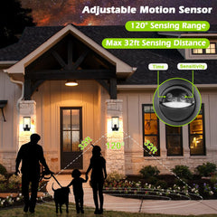 Outdoor scene with a house and people, featuring an adjustable motion sensor with text on sensing range and distance.