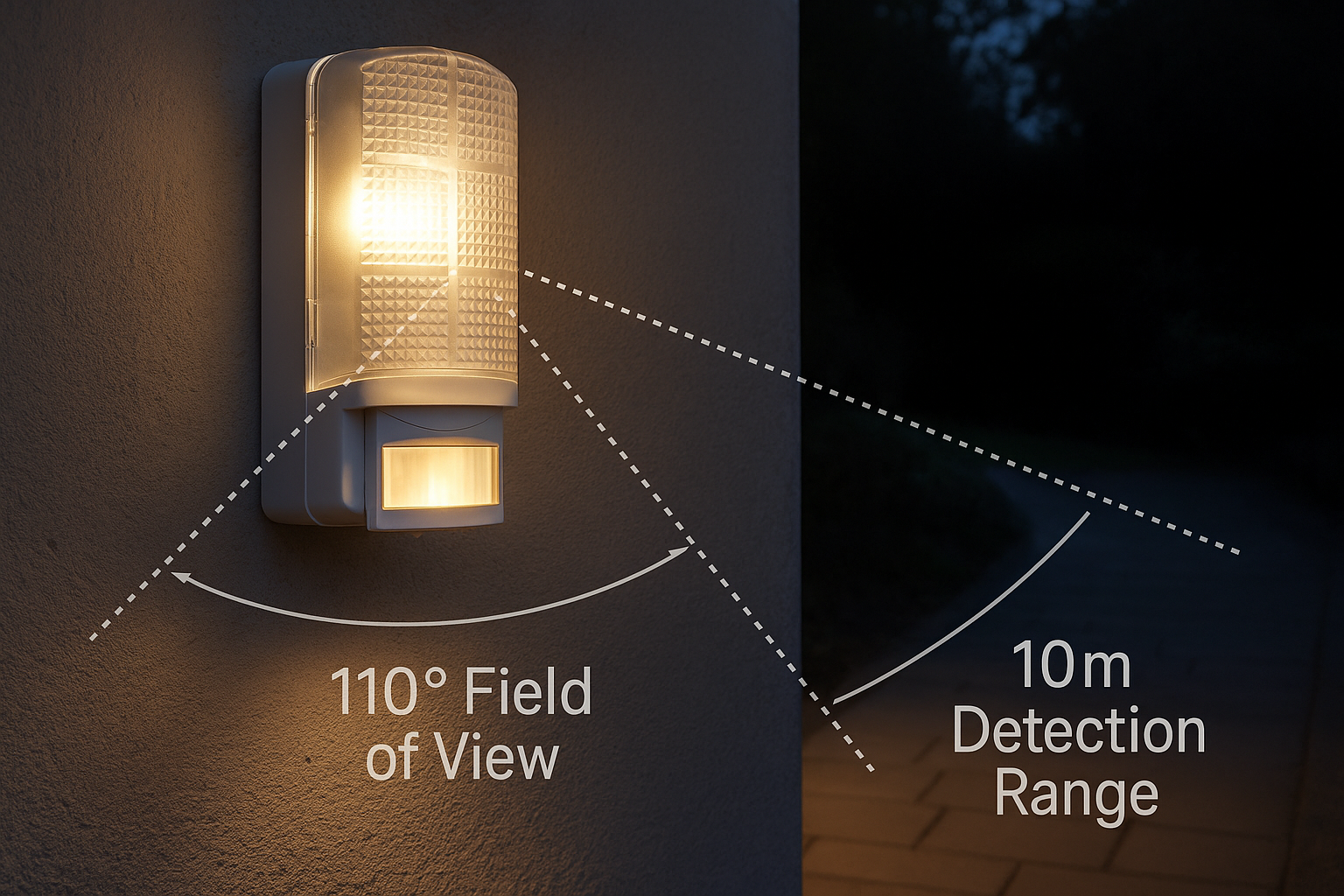 Outdoor security light with 110-degree field of view and 10-meter detection range on a wall.