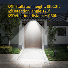 Outdoor setting with a wooden gate and text about installation height, detection angle, and distance.