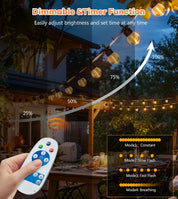 Outdoor string lights with a remote control, displaying dimmable and timer functions.