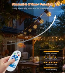 Outdoor string lights with a remote control, displaying dimmable and timer functions.