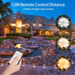 Outdoor string lights with remote control in front of a house, showing different light colors.