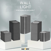 Set of wall lights with a gray and white color scheme on a light gray background, featuring the brand 