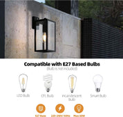 Outdoor wall light fixture on a stone wall with compatibility information for E27 bulbs.