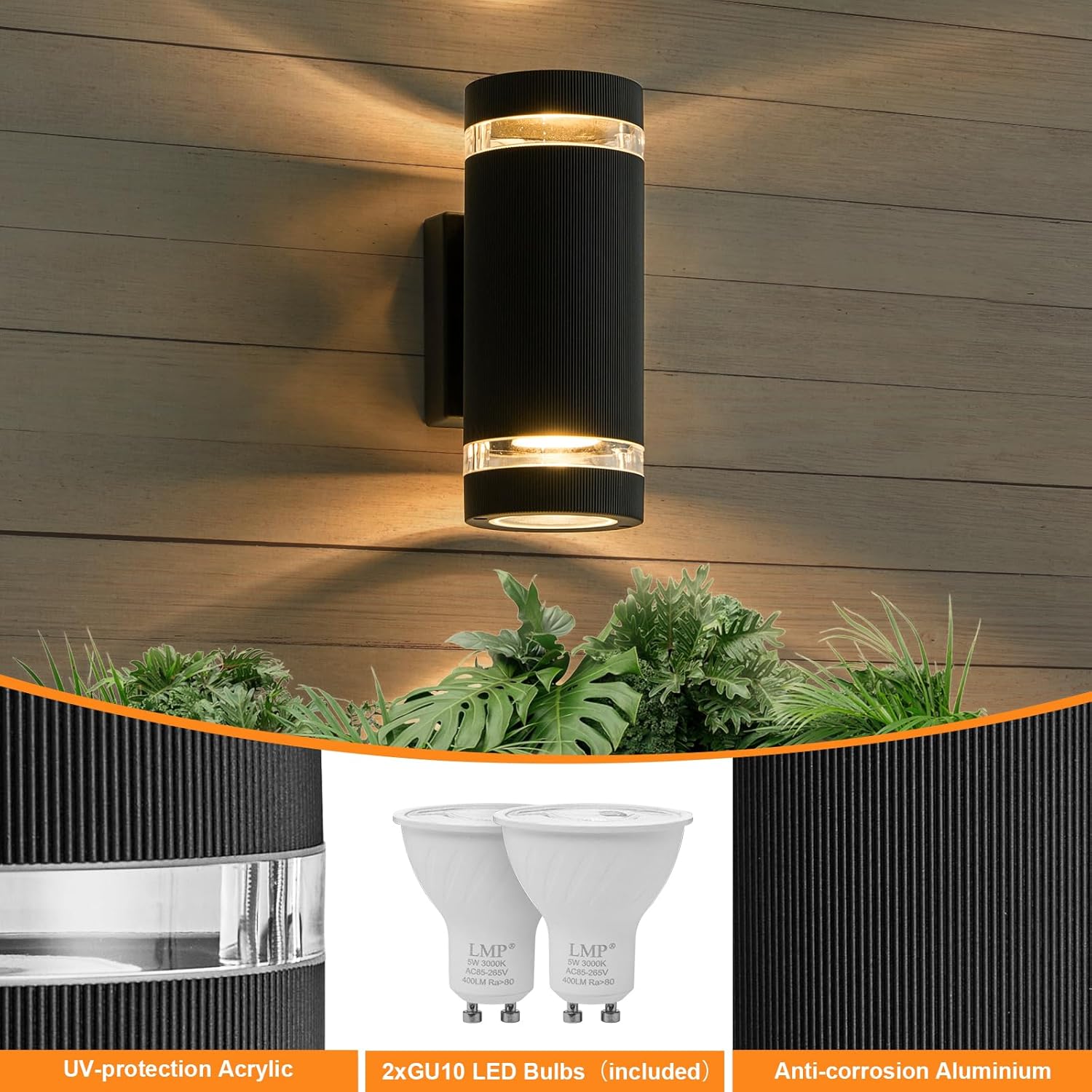 Outdoor wall light fixture with LED bulbs on a wooden background