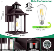Outdoor wall light fixture with dimensions, LED light bulb, and certification logos on a green background.