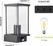 Outdoor wall light fixture with dimensions and bulb information on a white background