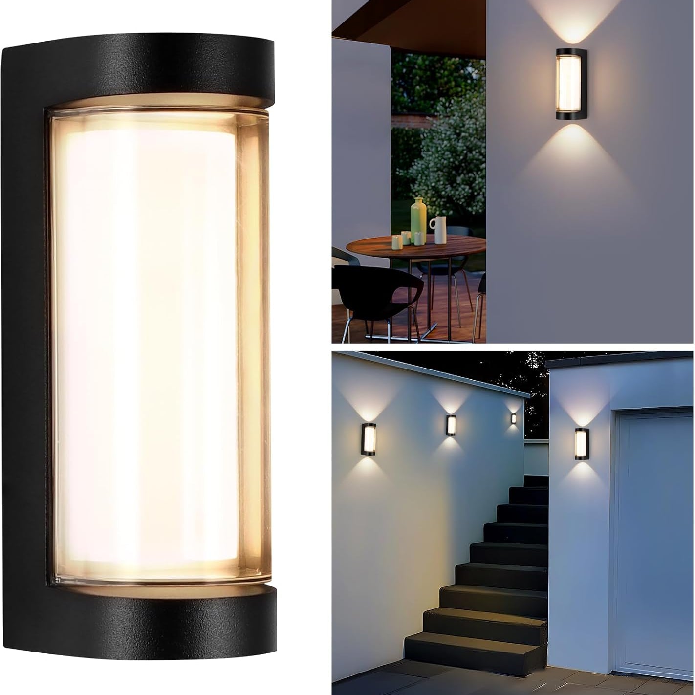 Outdoor wall light fixture with installation examples on a white background