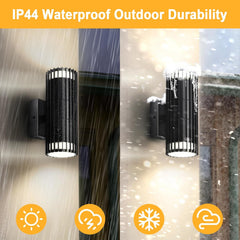 Outdoor wall light fixture with rain and snow effects, emphasizing IP44 waterproof rating.