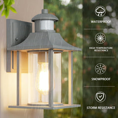Outdoor wall light fixture with rainproof features displayed on a green leafy background