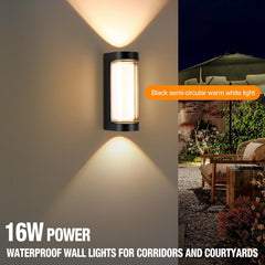 Outdoor wall light fixture with text highlighting features and usage.
